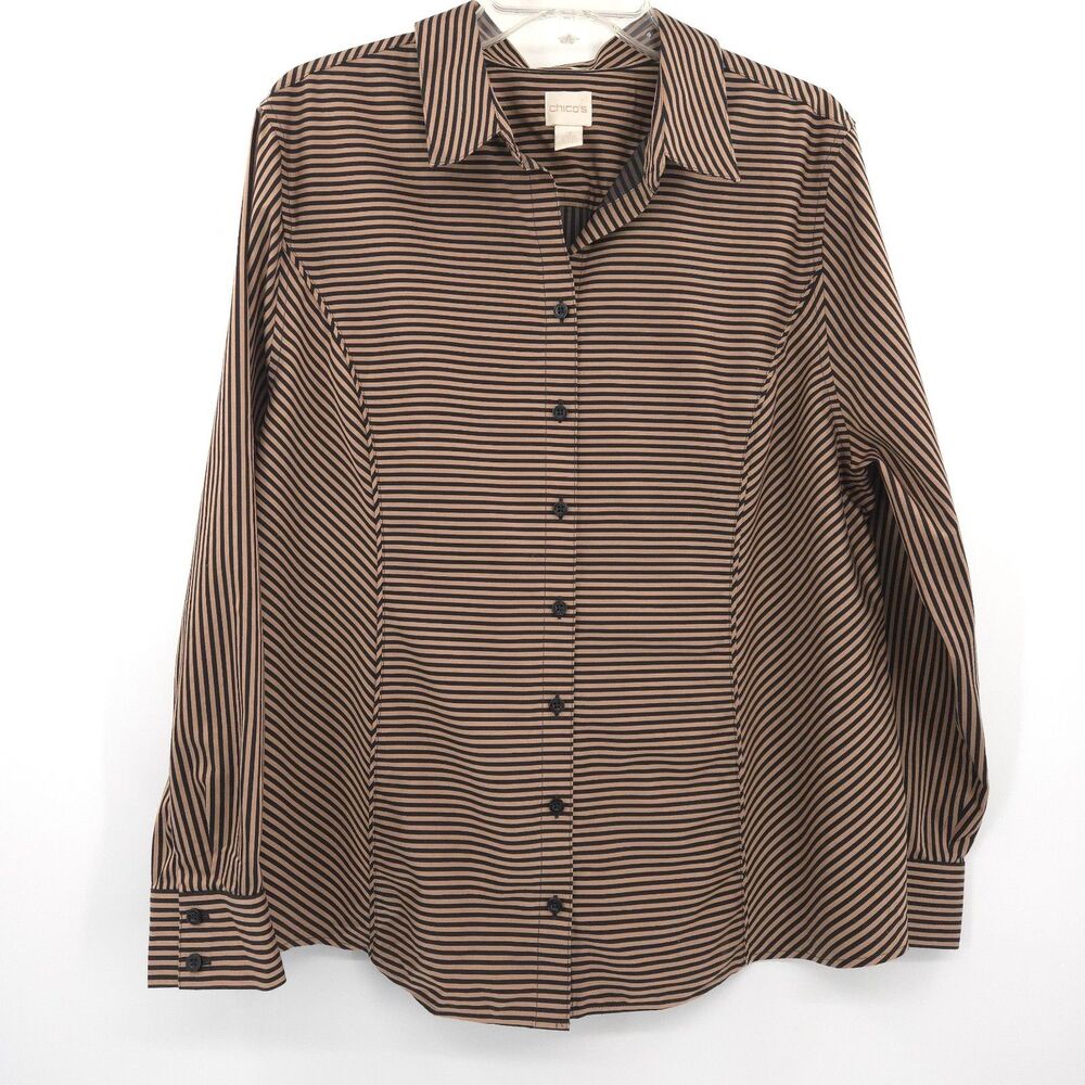 Chico's striped no-iron button up top Size 3 (XL) black brown long sleeve cotton
